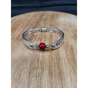 Vintage Handmade Spoon Handle Bracelet With Red Coral Bead Magnetic Closure